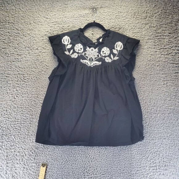 Knox Rose Top Womens XXL Black Embroidered Flutter Sleeve Blouse Boho Tassel Tie - Picture 1 of 7